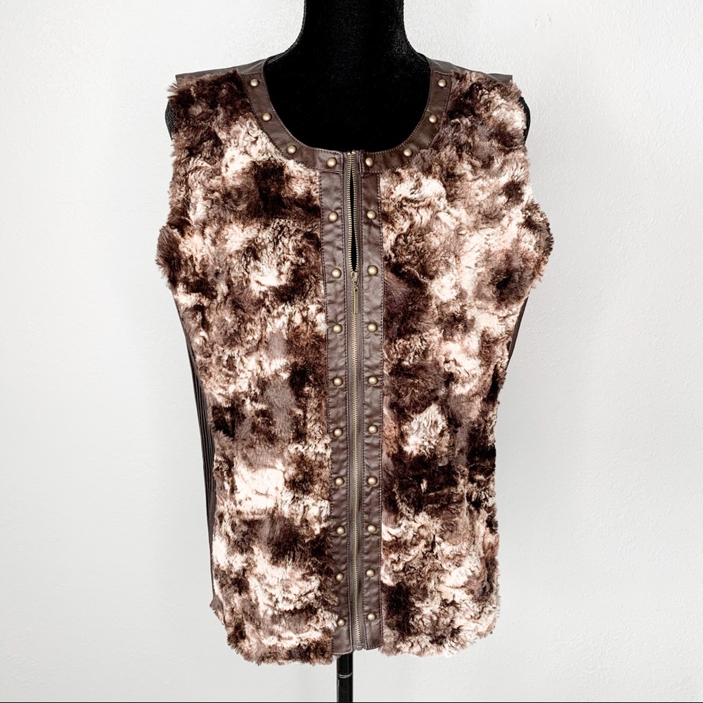 REBA Faux Fur Pleather Embellished Zippered Vest